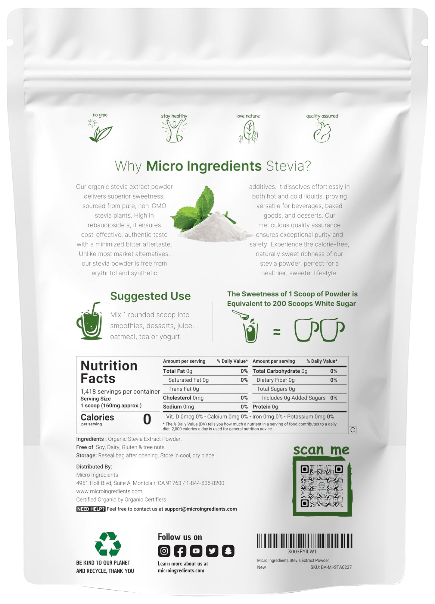 Pure Organic Stevia Powder, 8 Ounces, 1418 Serving, High Grade Stevia Green