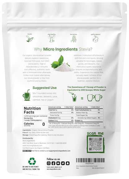 Pure Organic Stevia Powder, 8 Ounces, 1418 Serving, High Grade Stevia Green