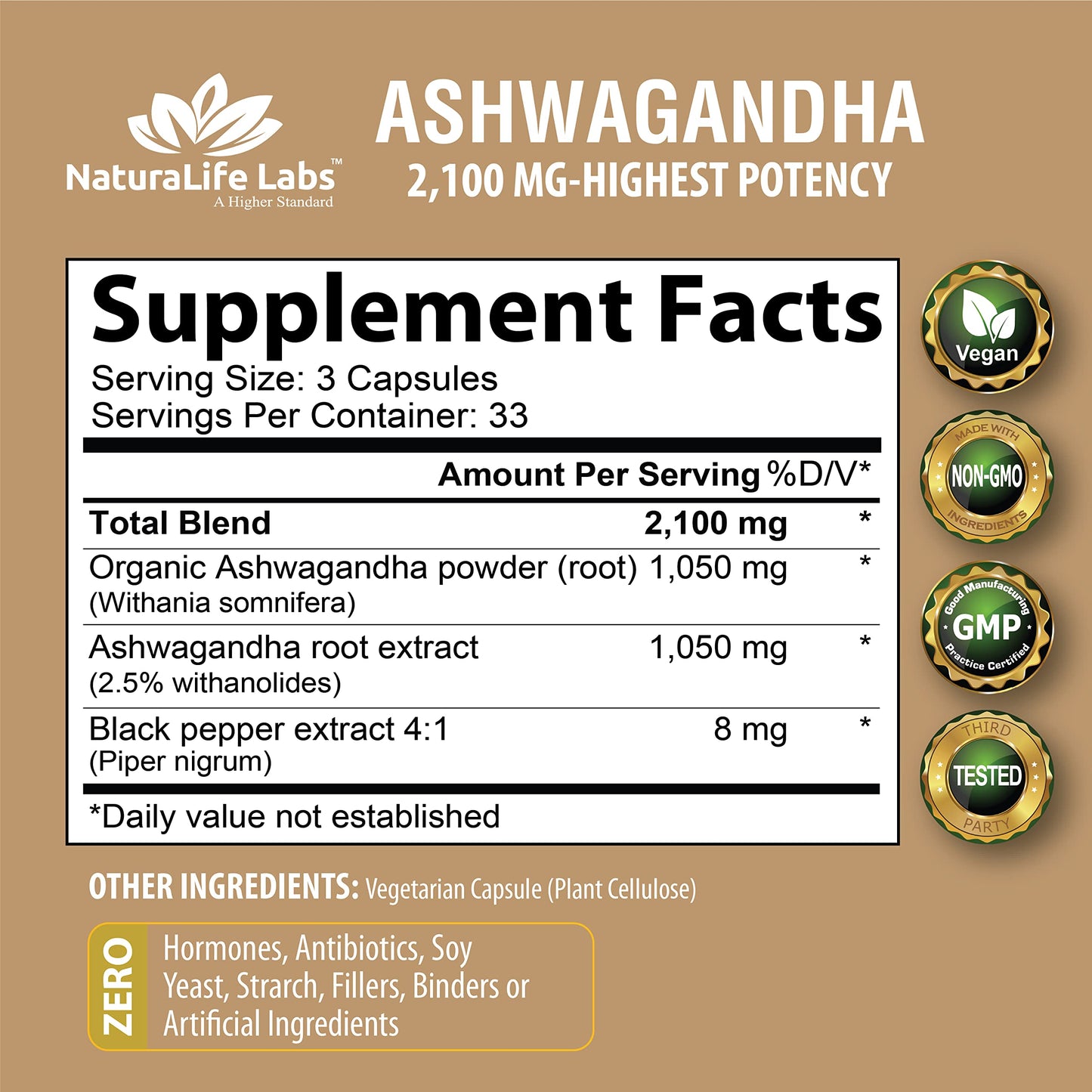 Organic Ashwagandha 2,100 mg - 100 Vegan Capsules Pure Organic Ashwagandha Powder