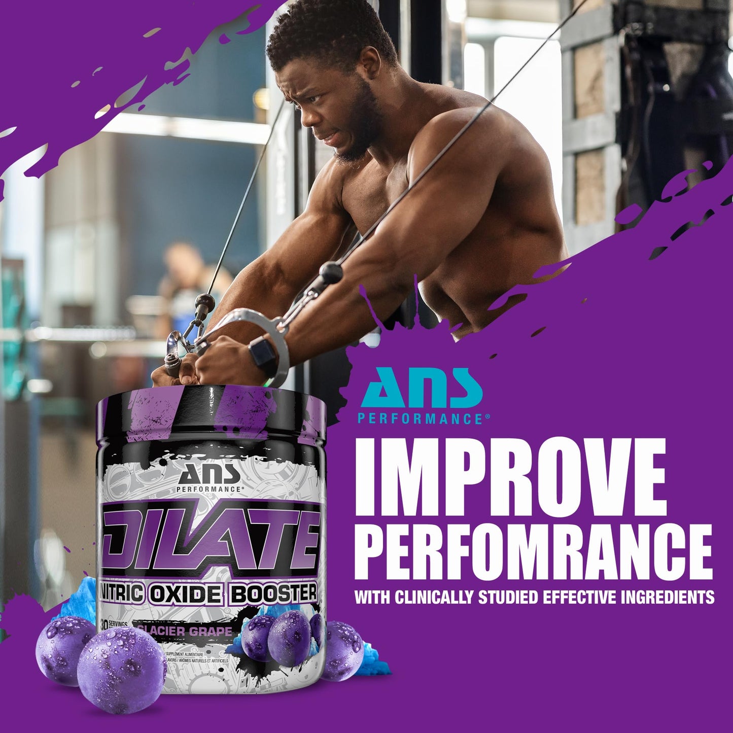 ANS Performance Dilate Pump PreWorkout Powder - Dietary Supplement - Maximizes Muscle Growth, Strength Performance - No Stims, Beta-Alanine, Creatine, Glacier Grape - 30 Servings (Glacier Grape)