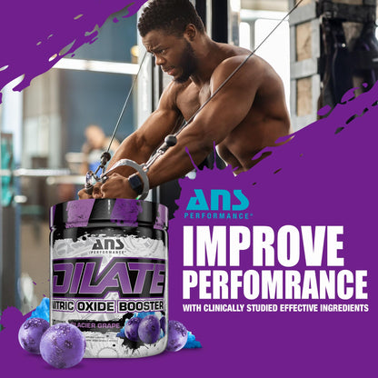 ANS Performance Dilate Pump PreWorkout Powder - Dietary Supplement - Maximizes Muscle Growth, Strength Performance - No Stims, Beta-Alanine, Creatine, Glacier Grape - 30 Servings (Glacier Grape)