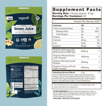 Organifi Green Juice - Powder Supplement with Organic Spirulina, Ashwagandha