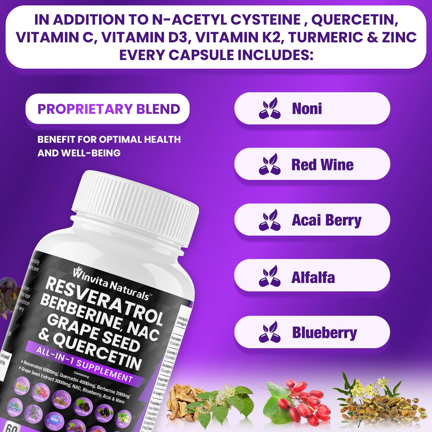 Resveratrol 6000mg Quercetin 4000mg Berberine 2000mg Grape Seed Extract 3000mg