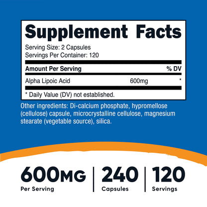 Nutricost Alpha Lipoic Acid 600mg Per Serving, 240 Capsules - Gluten Free, Vegetarian