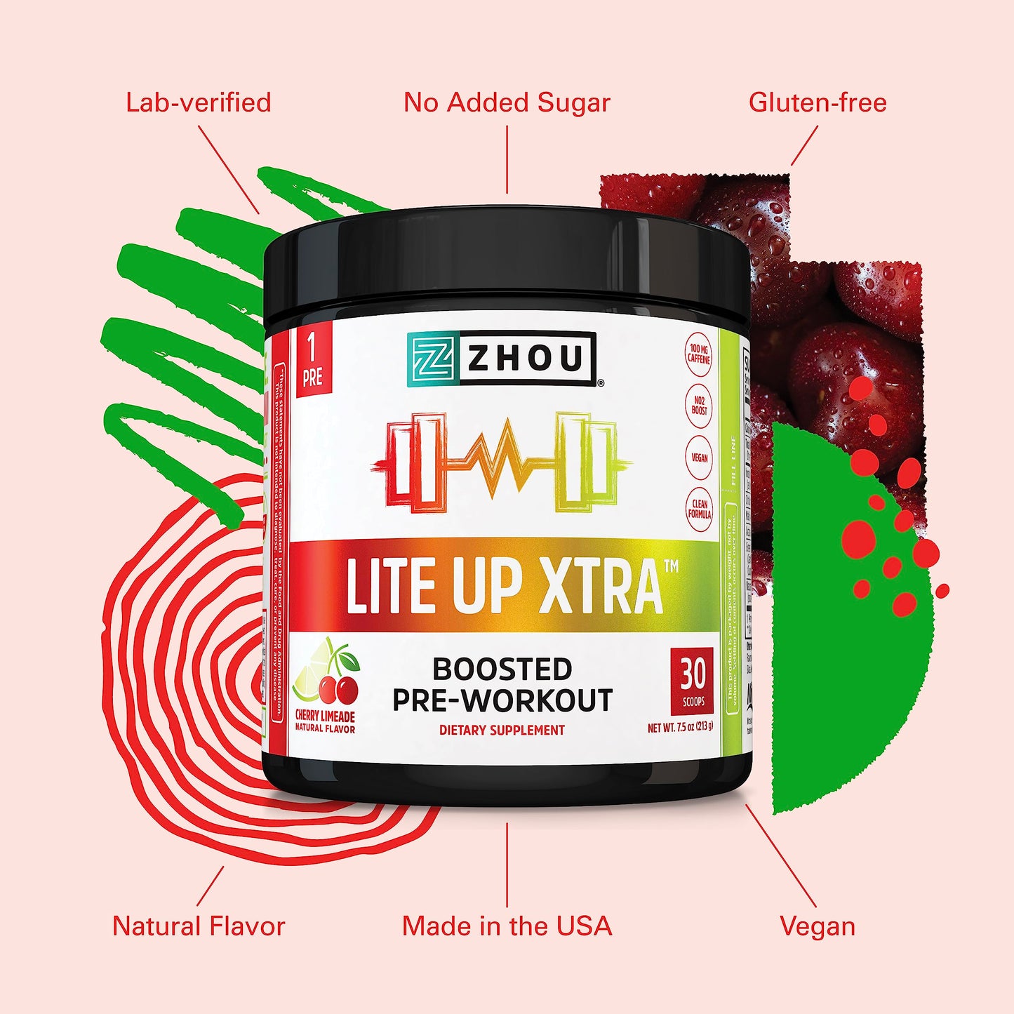 Zhou Nutrition Lite Up Xtra, Vegan Pre Workout Powder with Caffeine, Clean Energy Sourced