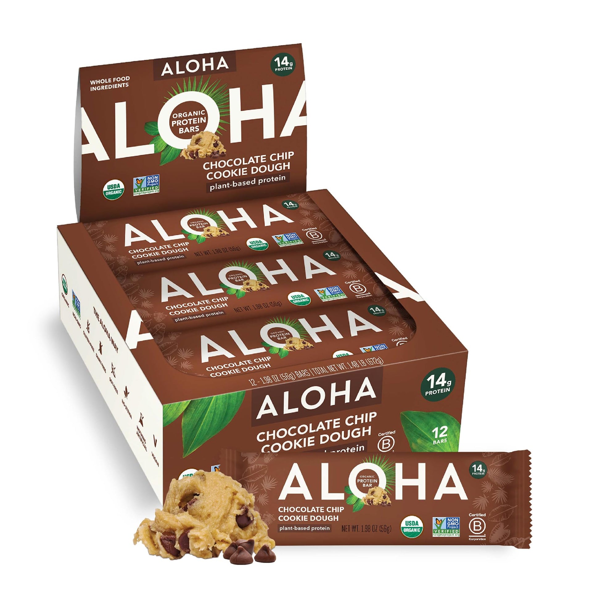 ALOHA Organic Plant Based Protein Bars - Chocolate Chip Cookie Dough - 12 Count, 1.9oz 