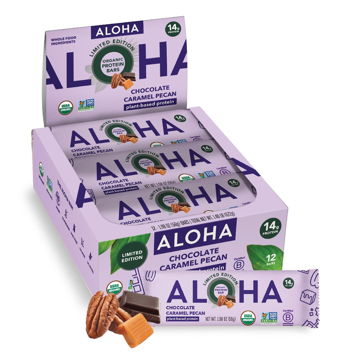 ALOHA Organic Plant Based Protein Bars | Chocolate Caramel Pecan | 12 Count, 1.98oz 