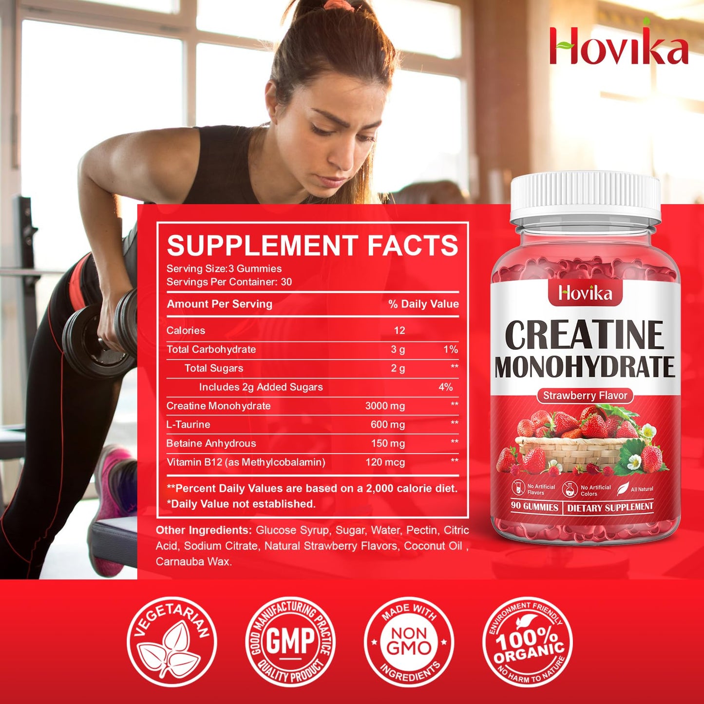 Hovika Creatine Monohydrate Gummies for Men & Women, Chewable 3g Creatine Monohy