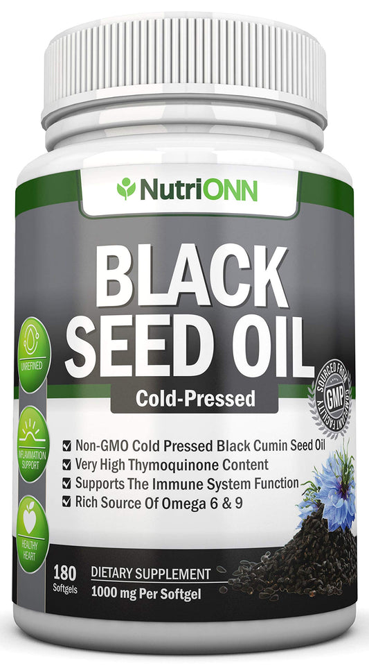 Black Seed Oil - 1000 Mg - 180 Softgels - Cold-Pressed Non-GMO Black Cumin Seed 