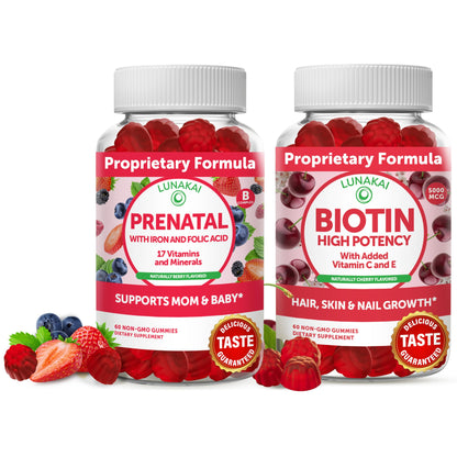 Biotin and Prenatal Bundle - Hair Skin and Nails Gummies with Vitamin C and E - Chewable Multivitamin