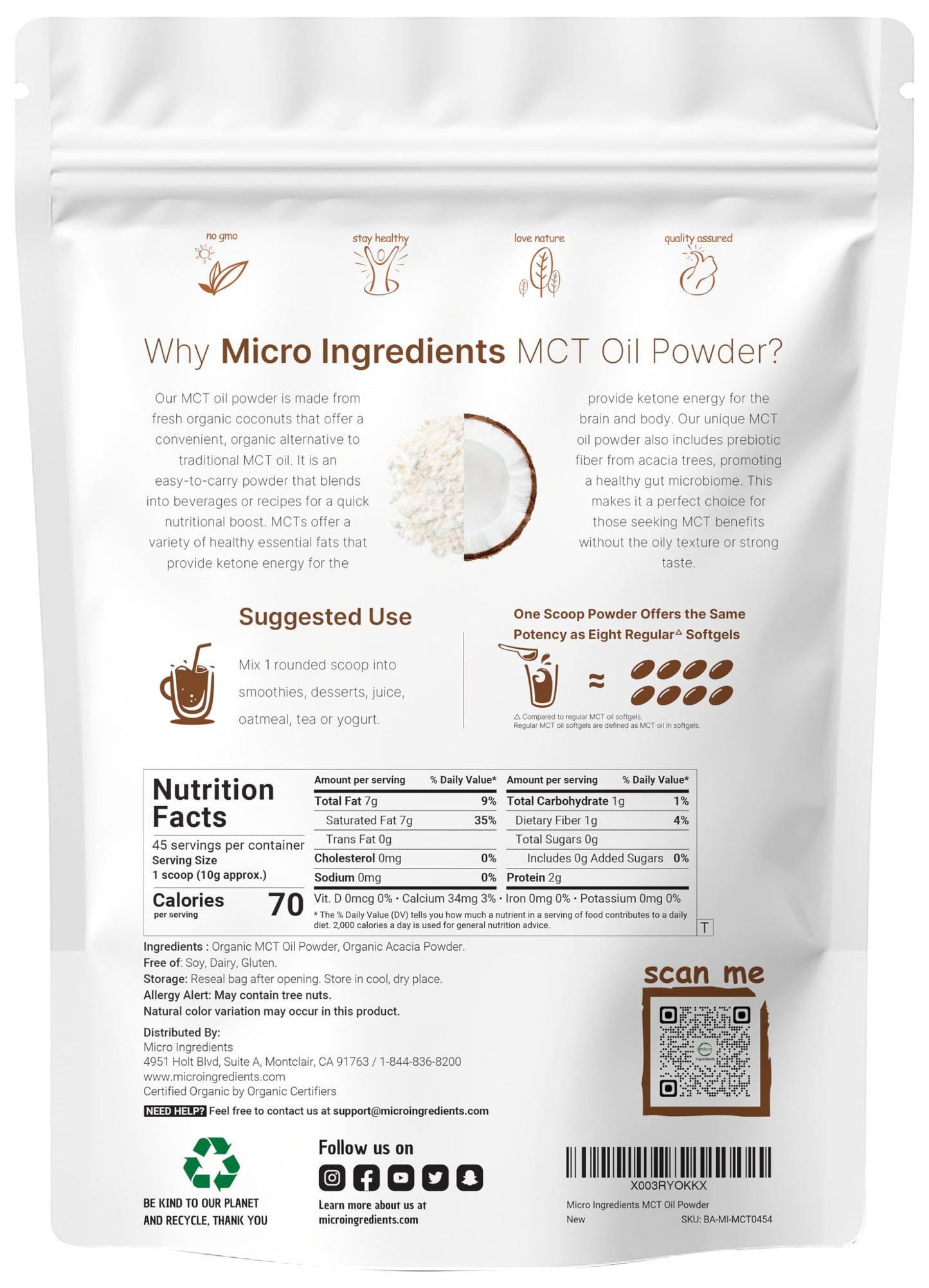 Micro Ingredients Organic MCT Oil Powder with Prebiotic Fiber,1 Pound(16 Ounce), Fast Fuel for Body and Brain, C8 MCT Oil for Coffee Creamer, No GMOs, Keto Diet, Vegan