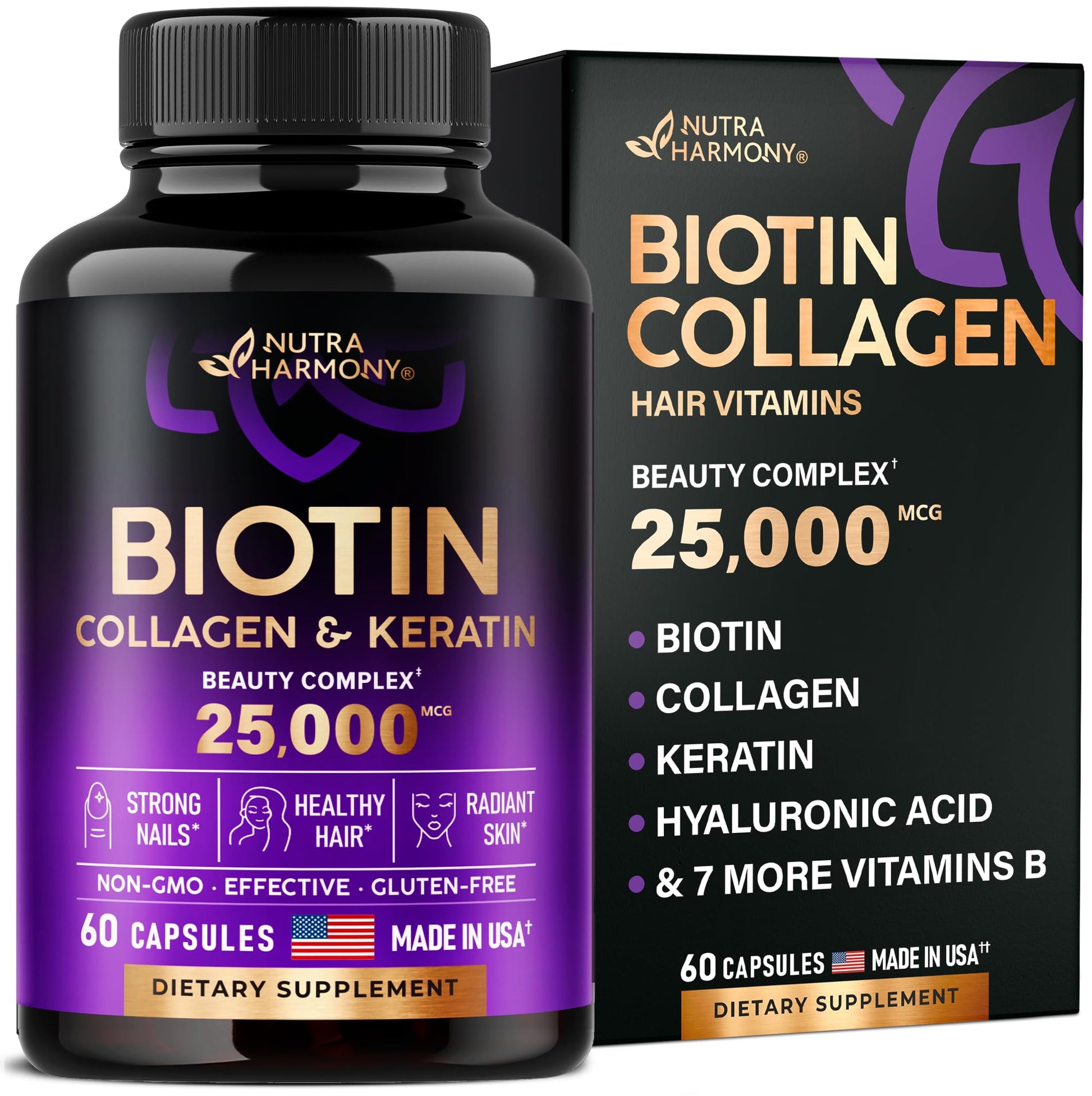 Biotin | Collagen | Keratin | Hyaluronic Acid - Hair Growth Support Pills, 25000 mcg 