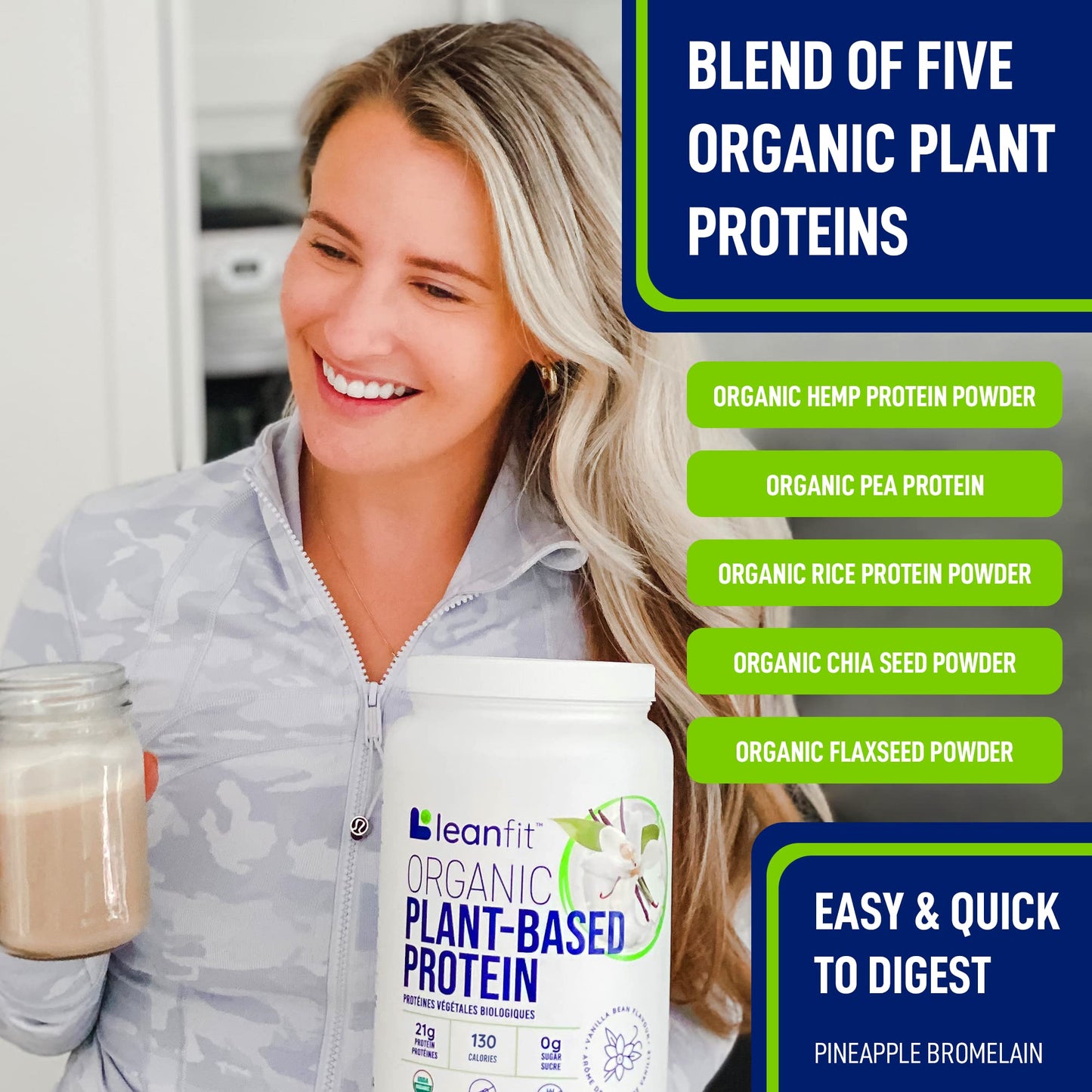 LeanFit Organic Plant-Based Protein, Natural Vanilla Flavor, 21g Vegan Protein, 19 Servings