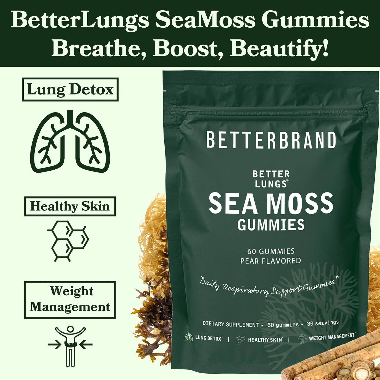 Betterbrand BetterLungs Pear Flavored Sea Moss Gummies - 1600mg Bladderwrack