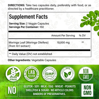 Moringa Capsules| Moringa Oleifera |10,000mg| 300 Capsules| 100% Pure| Non-GMO