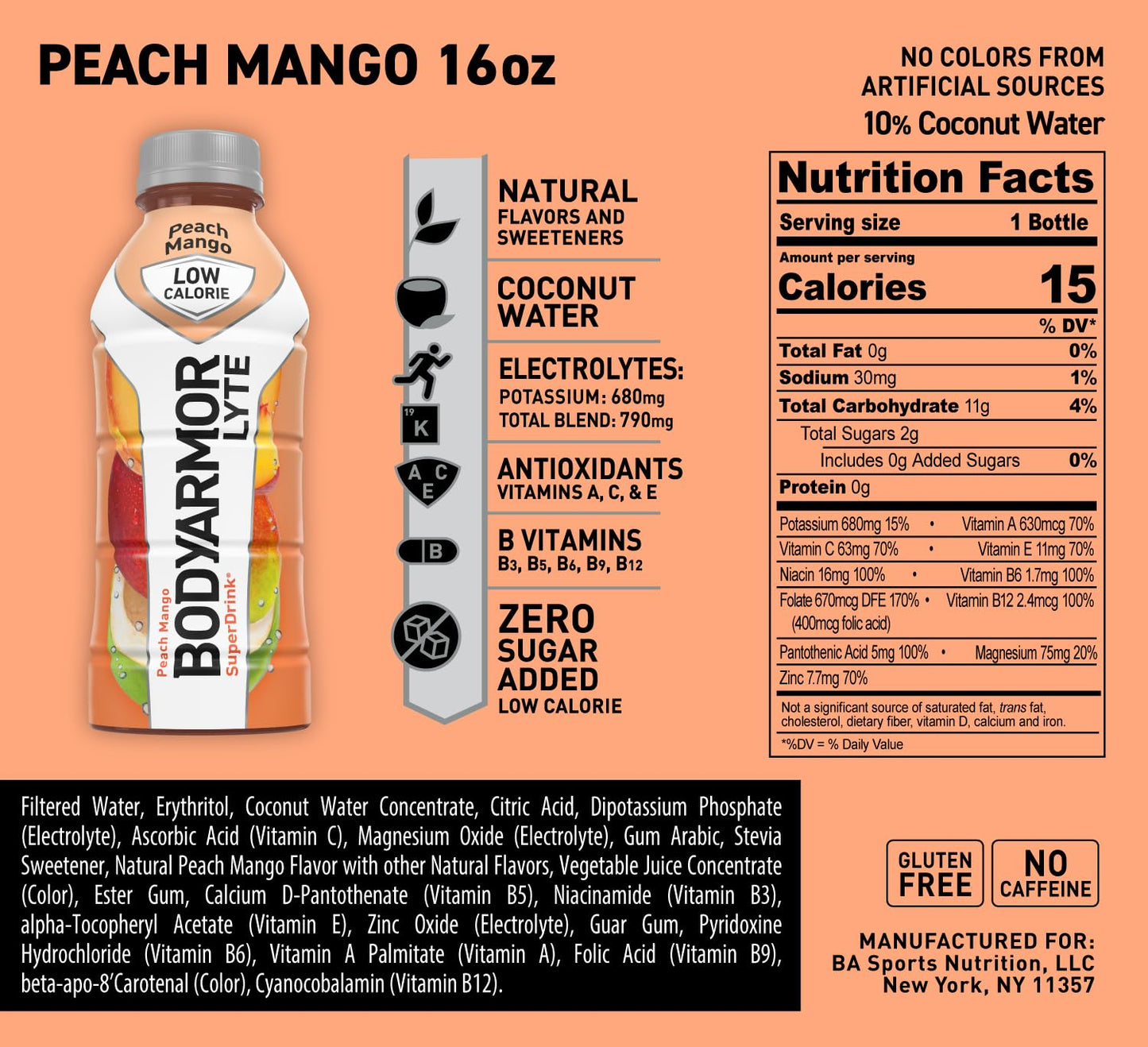 BODYARMOR LYTE Sports Drink Low-Calorie Sports Beverage, Peach Mango, Coconut