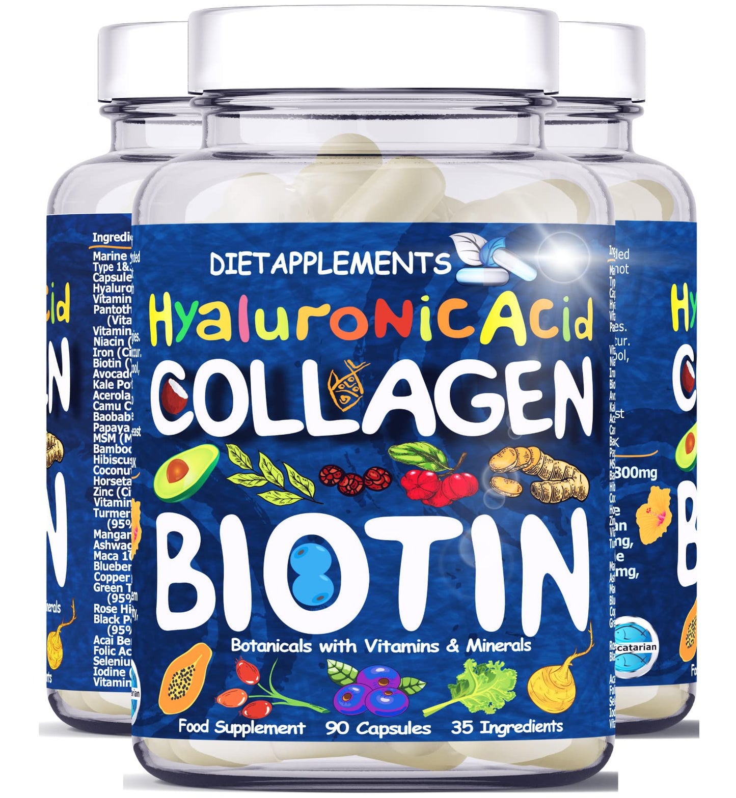 Marine Collagen Type1&3 1800mg, Biotin 10000mcg/serving, Hyaluronic Acid, Vitamins, Minerals, Botanicals 