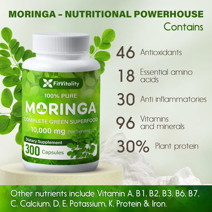 Moringa Capsules| Moringa Oleifera |10,000mg| 150 Capsules| 100% Pure| Non-GMO