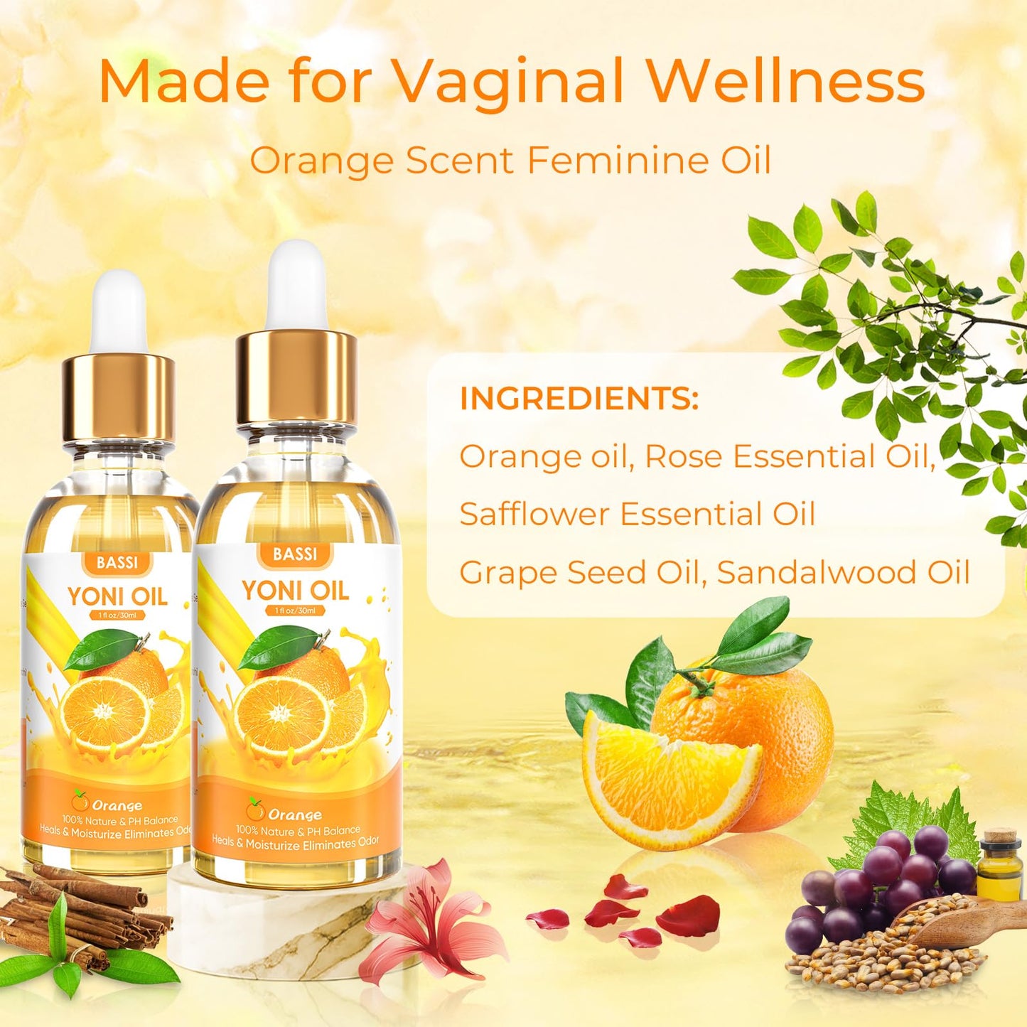 BASSI 2PCS Yoni Oil Organic Feminine Oil Vaginal Moisturizer - Ph Balance for Women - Feminine Deodorant