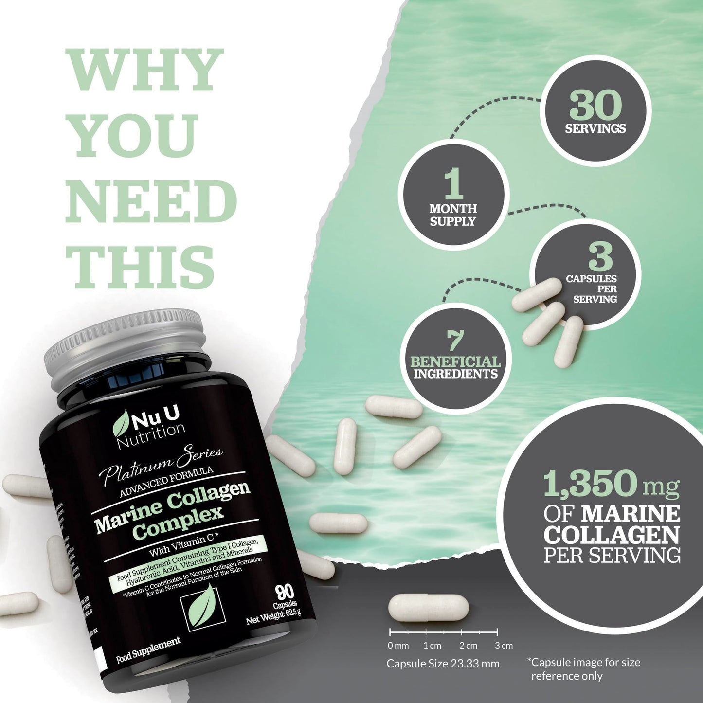 Marine Collagen with Hyaluronic Acid, Vitamin C - 90 Hydrolysed Capsules (not Tablets) - Premium High Strength Collagen