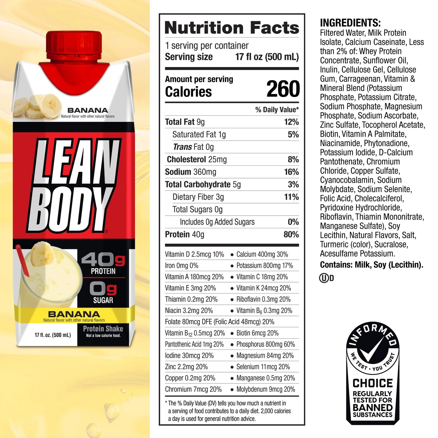 Lean Body Ready-to-Drink Banana Protein Shake, 40g Protein, Whey Blend, 0 Sugar