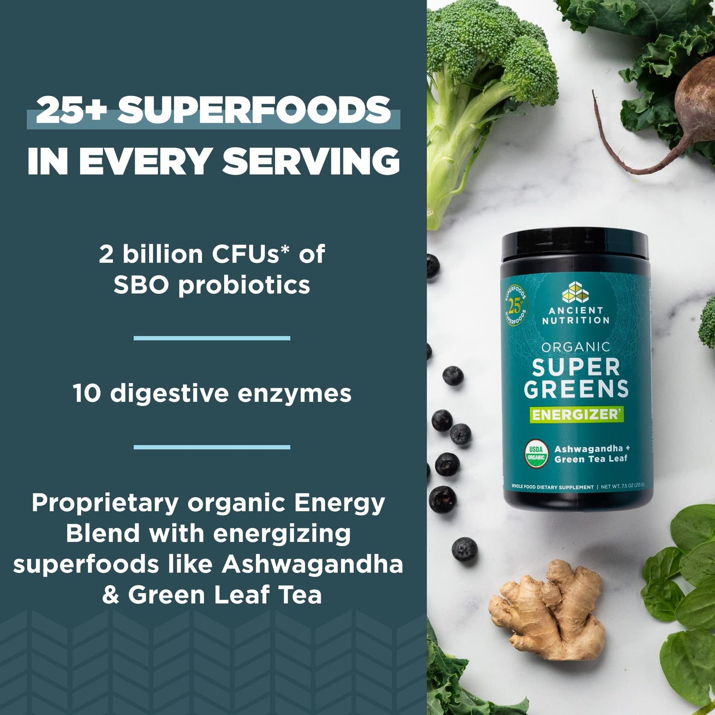 Ancient Nutrition Supergreens Energizer Powder, Organic Superfood Powder with Caffeine