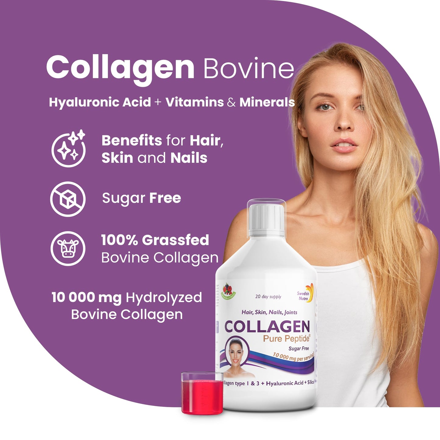 Swedish Nutra Liquid Bovine Collagen - Pack of 500ml, 20 Day Supply | Sugar Free Berry Flavour