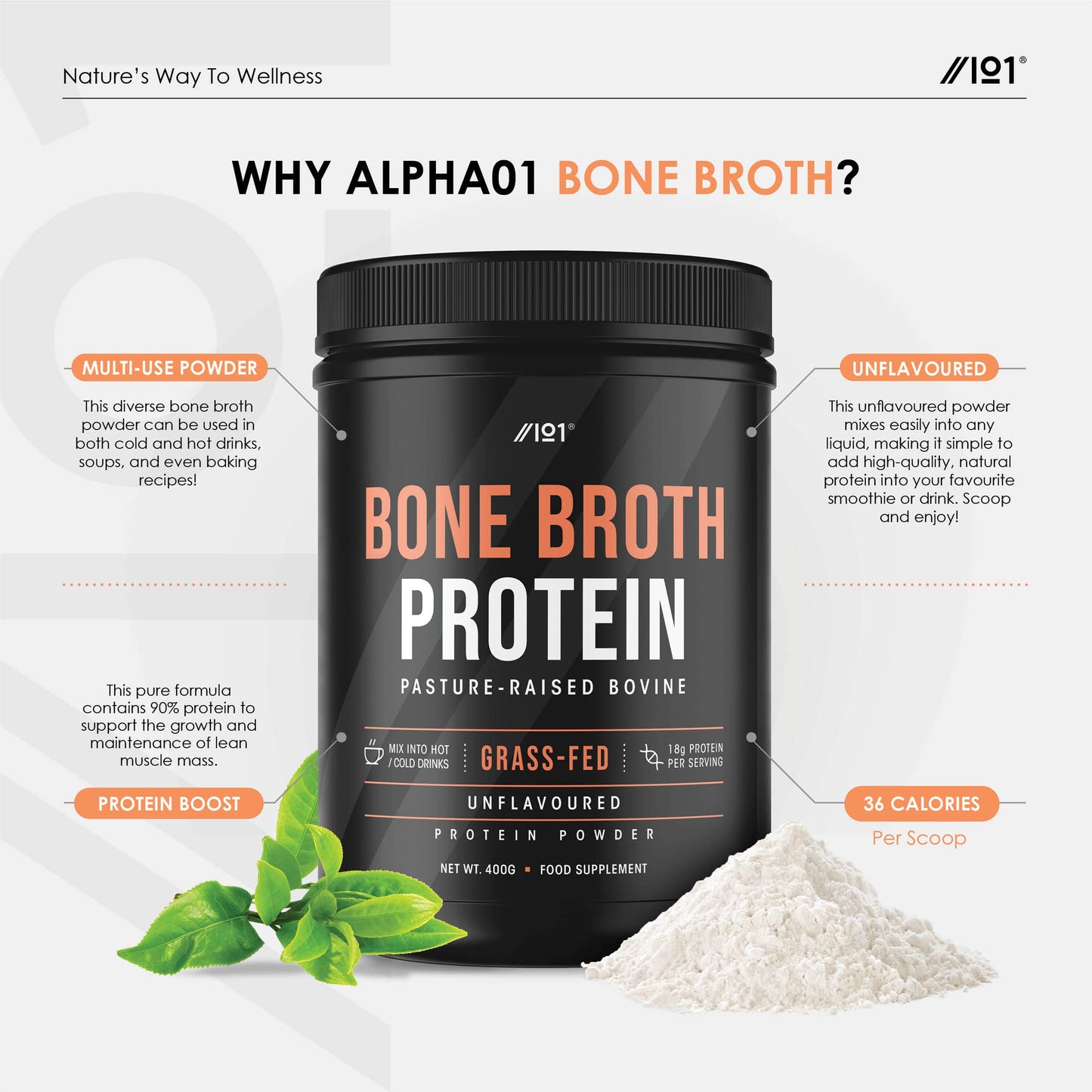 Bone Broth Beef Protein Powder - 400g - Unflavoured - 100% Grass-Fed & Pasture Raised Beef