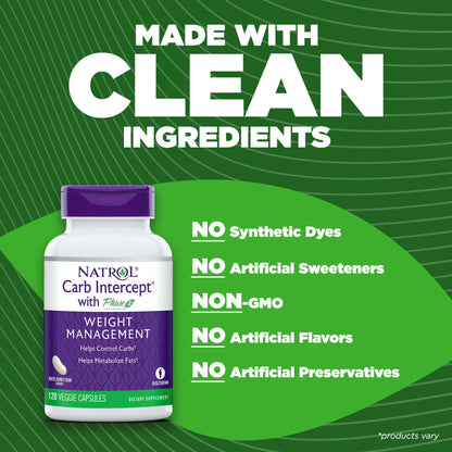 Natrol Carb Intercept Capsules with White Kidney Bean Extract - Controls Carbs, Metabolize