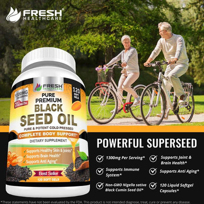 Black Seed Oil Capsules Cold Pressed 1300mg Per Serving, 100% Pure & Premium