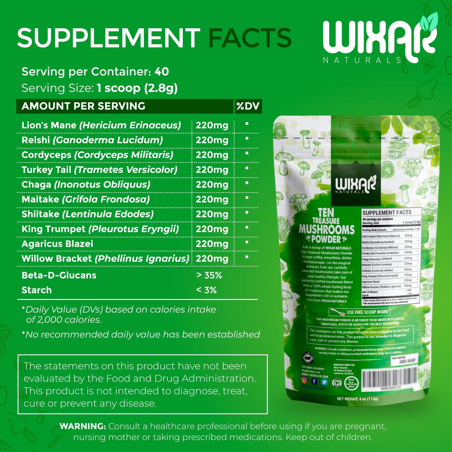 Wixar Mushroom Powder - Ten Treasure Mushrooms Extract Supplement Blend for Coffee