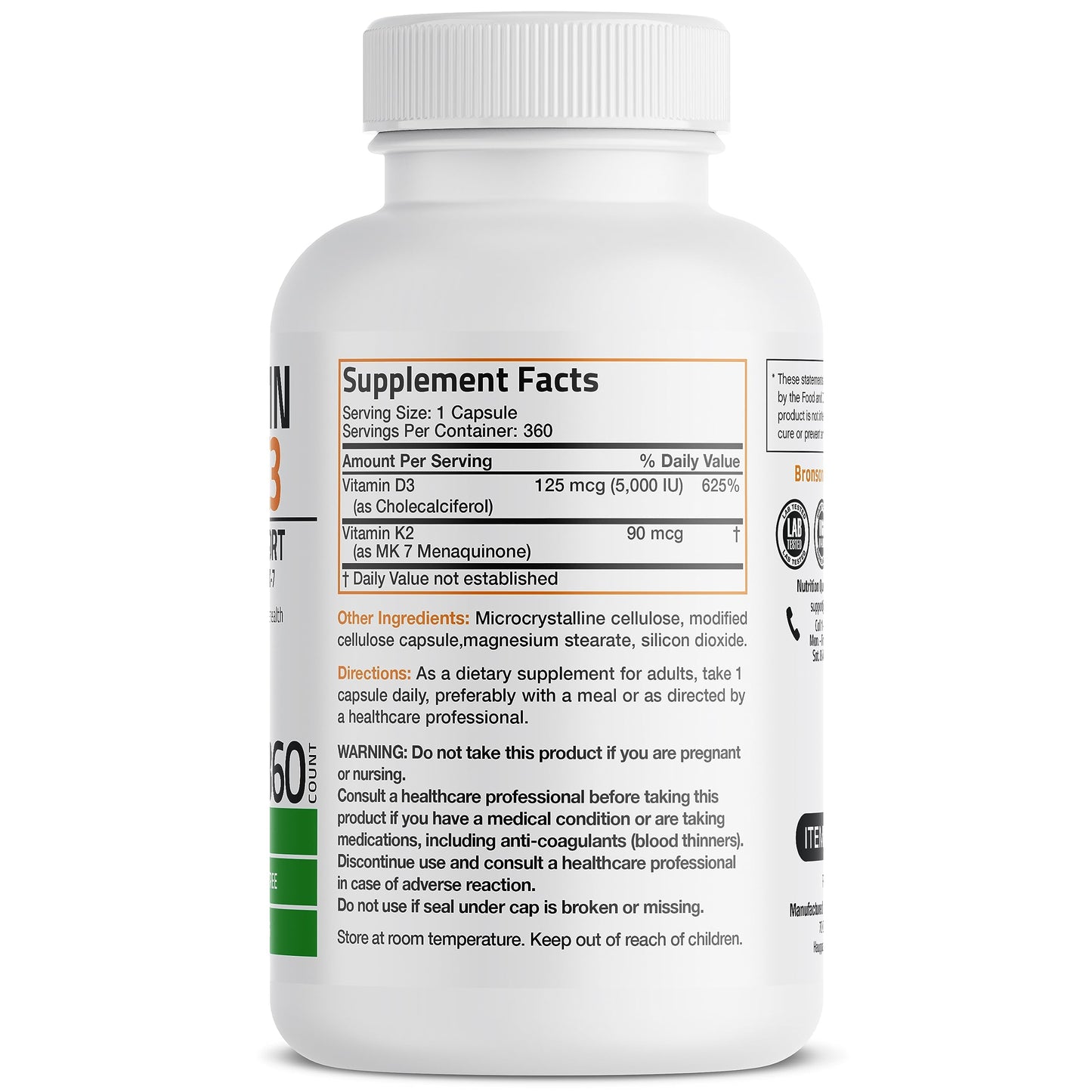 Bronson Vitamin K2 (MK7) with D3 Supplement Non-GMO Formula 5000 IU Vitamin D3