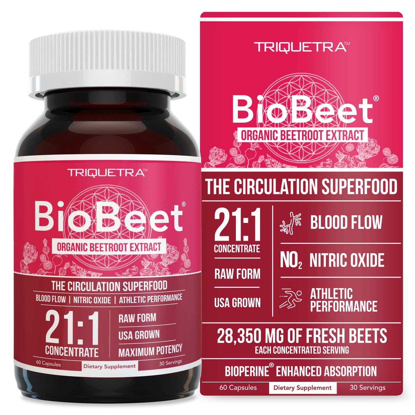 BioBeet Max Strength Beet Root Capsules - 21:1 Concentrate, Each Serving Derived from 28,350 mg