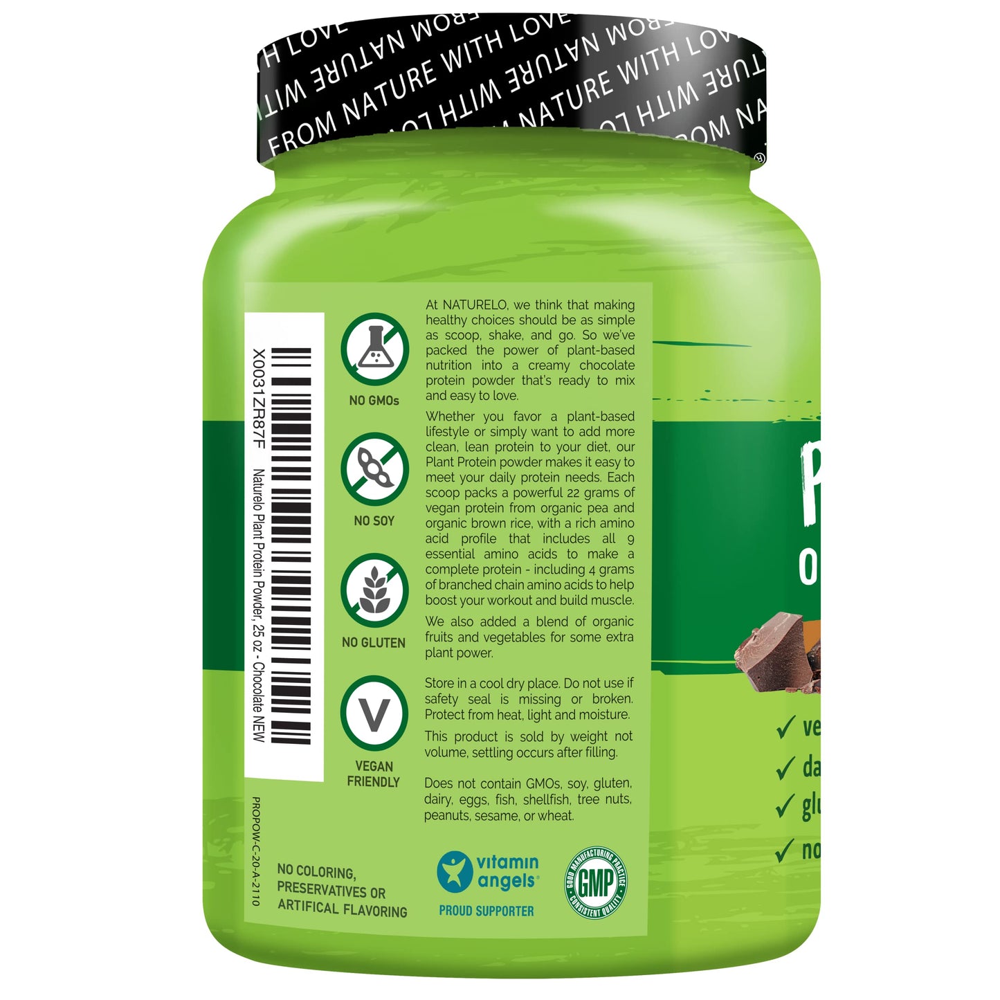 NATURELO Plant Protein Powder, Chocolate, 22g Protein - Non-GMO, Vegan, No Gluten