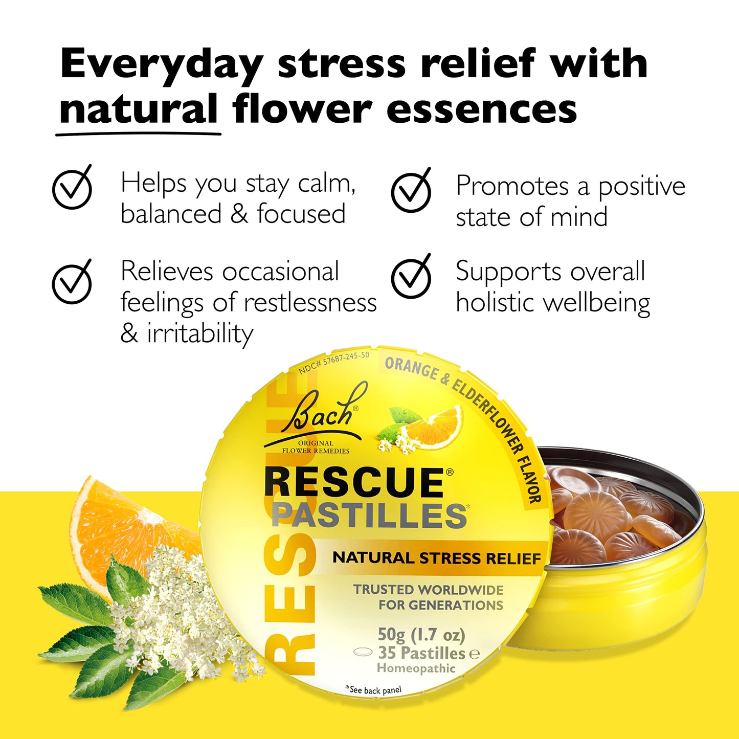 Bach RESCUE PASTILLES, Orange and Elderflower Flavor, Natural Stress