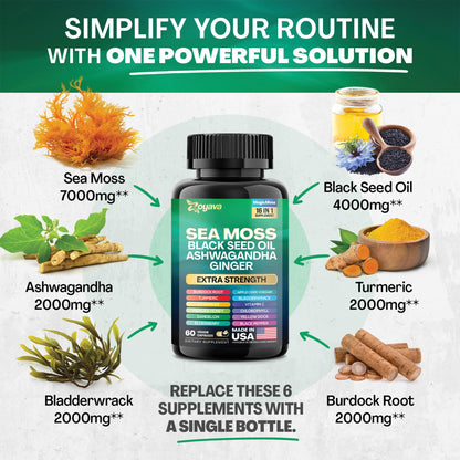 Sea Moss 7000mg Black Seed Oil 4000mg Ashwagandha 2000mg Turmeric 2000mg