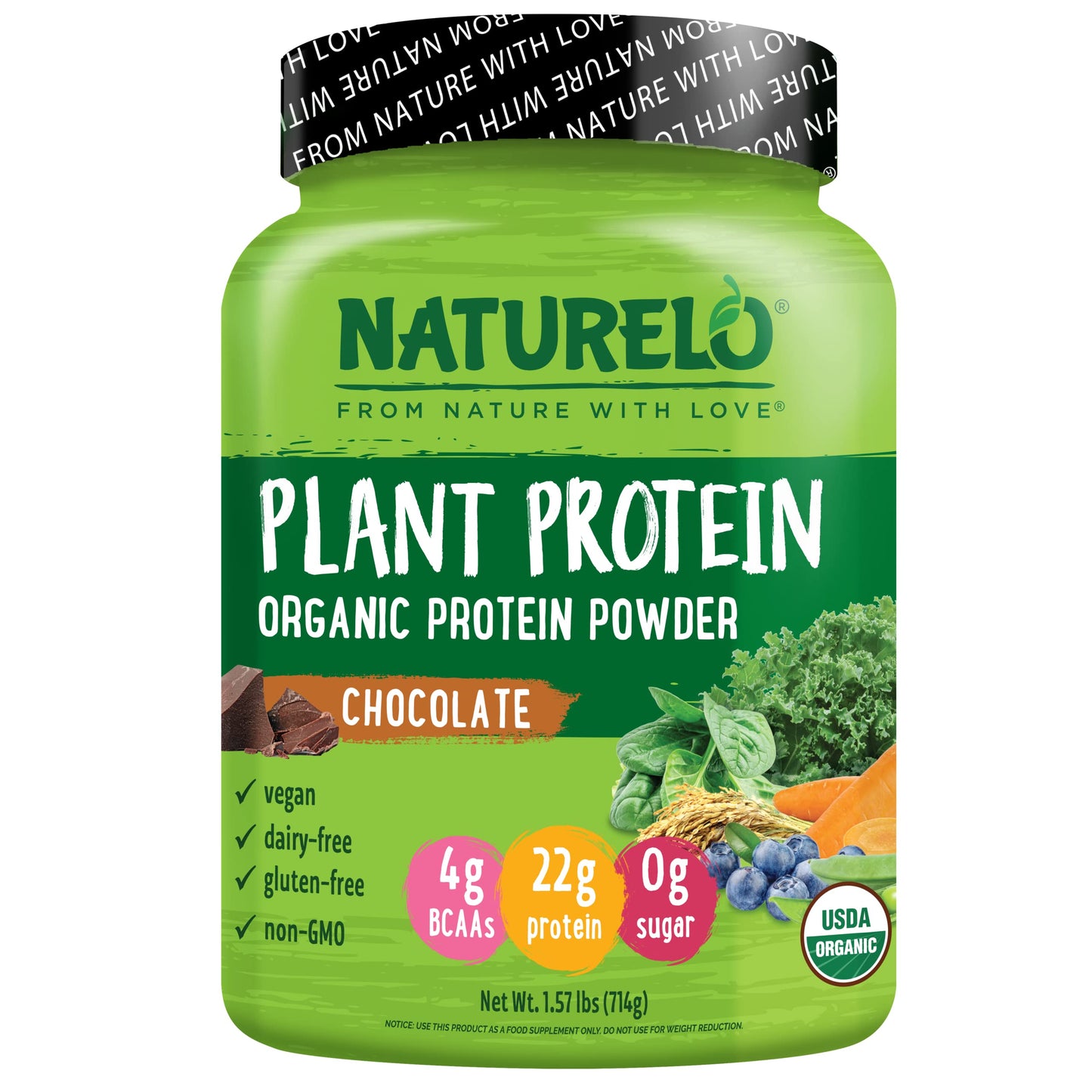 NATURELO Plant Protein Powder, Chocolate, 22g Protein - Non-GMO, Vegan, No Gluten