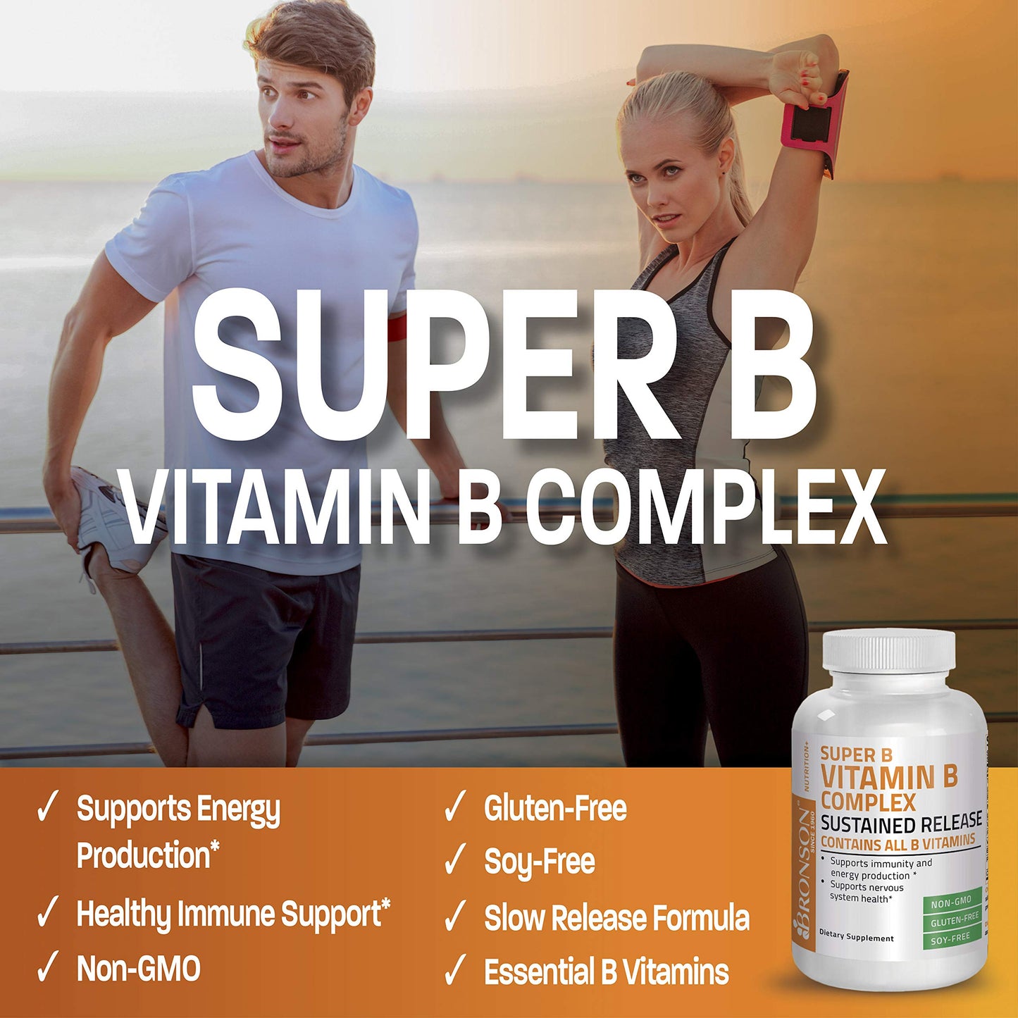 Bronson Super B Vitamin B Complex Sustained Slow Release Vitamin B1, B2, B3, B6, B9