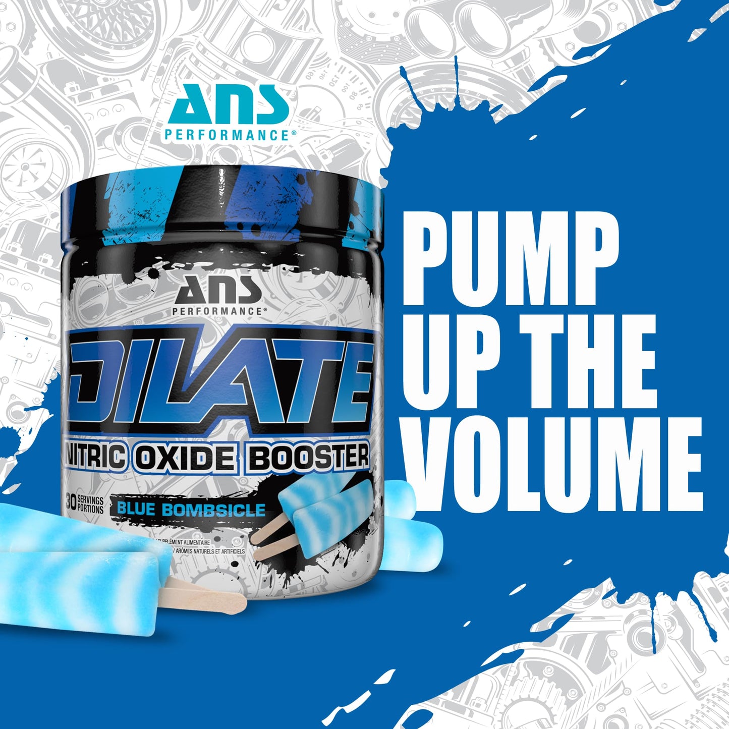 ANS Performance Dilate Pump PreWorkout Powder - Dietary Supplement - Maximizes Muscle Growth, Strength Performance - No Stims, Beta-Alanine, Creatine, Glacier Grape - 30 Servings (Blue Bombsicle)