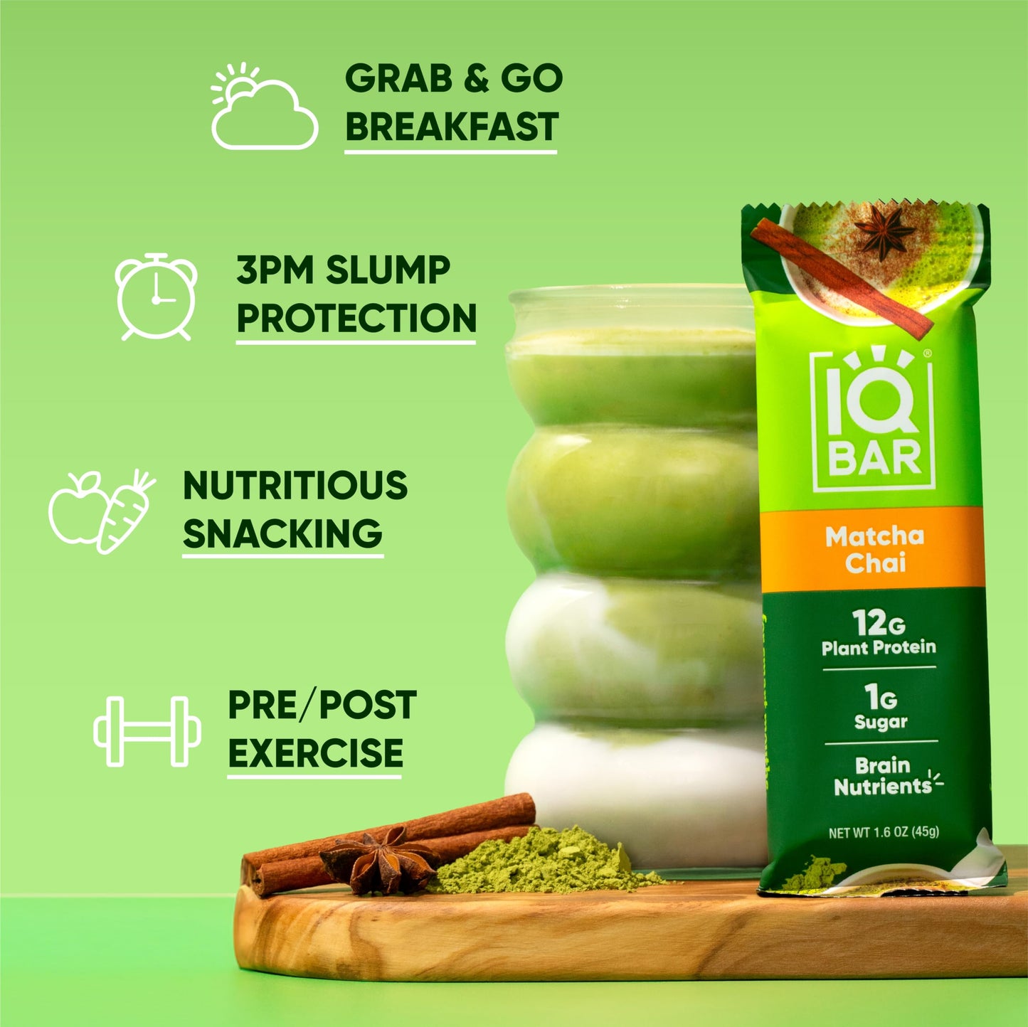 IQBAR Brain and Body Plant Protein Bars - Matcha Chai - 12 Count, Low Carb, High Fiber