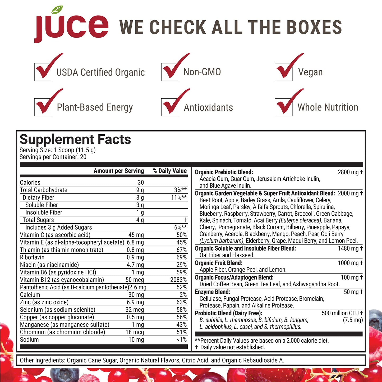 JUCE Reds Organic Superfood Powder - Garden Berry Flavor | Fruit and Veggie Powder