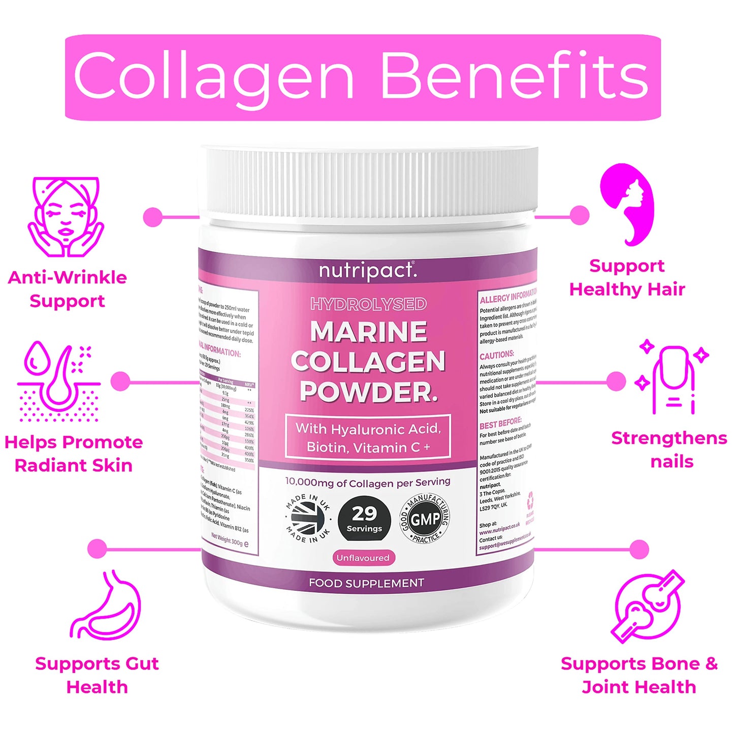 Hydrolysed Marine Collagen Peptides Powder with Hyaluronic Acid, Biotin, Vitamin C & B Vitamins – 10,000mg Collagen