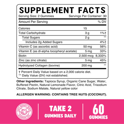 Collagen Gummies for Women | 200mg Hydrolyzed Collagen + 2500mcg Biotin, with Vitamin C, E & Zinc