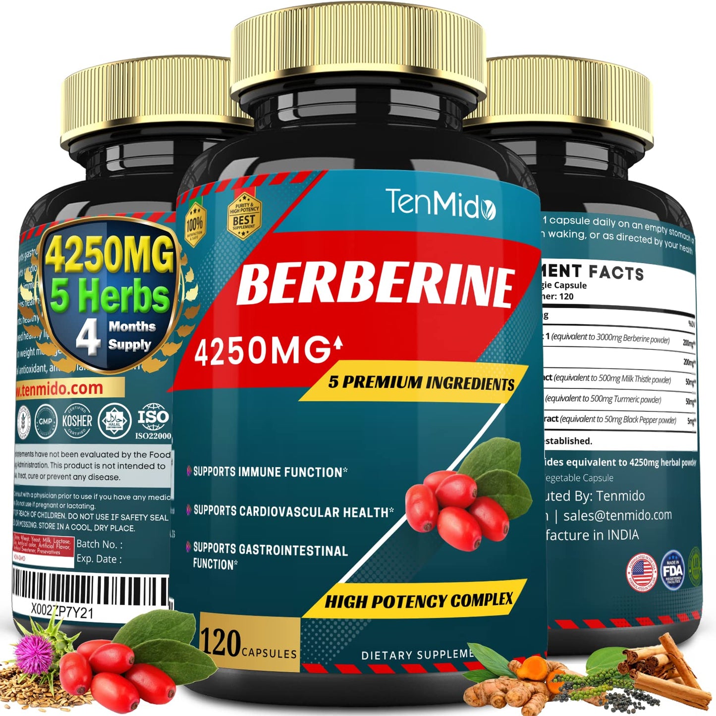 Berberine Extract Capsules 4250mg, 4 Months Supply & Ceylon, Milk Thistle, Turmeric