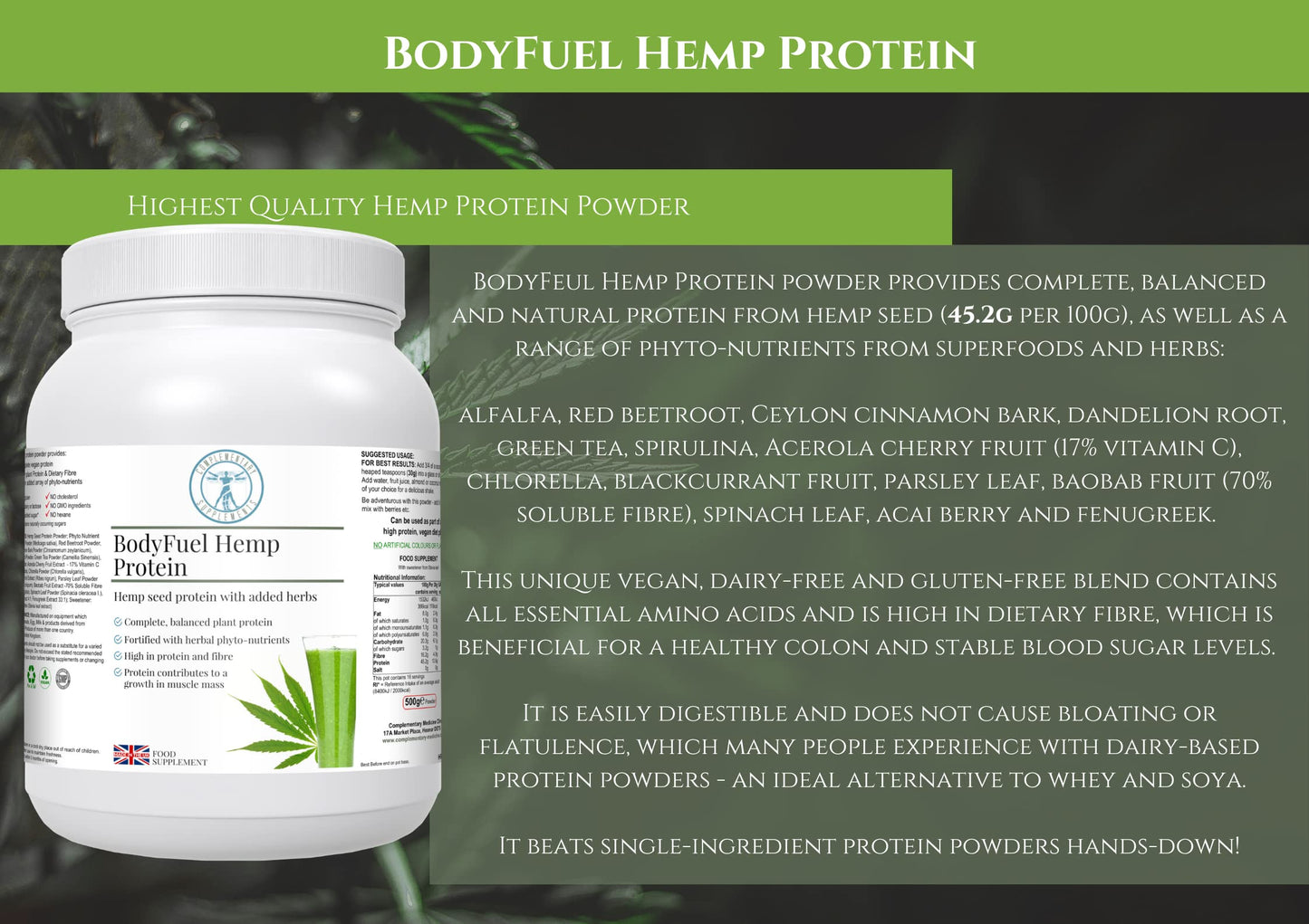 Complementary Supplements - BodyFuel Hemp Protein Powder Plus 14 Superfoods & Phytonutrients