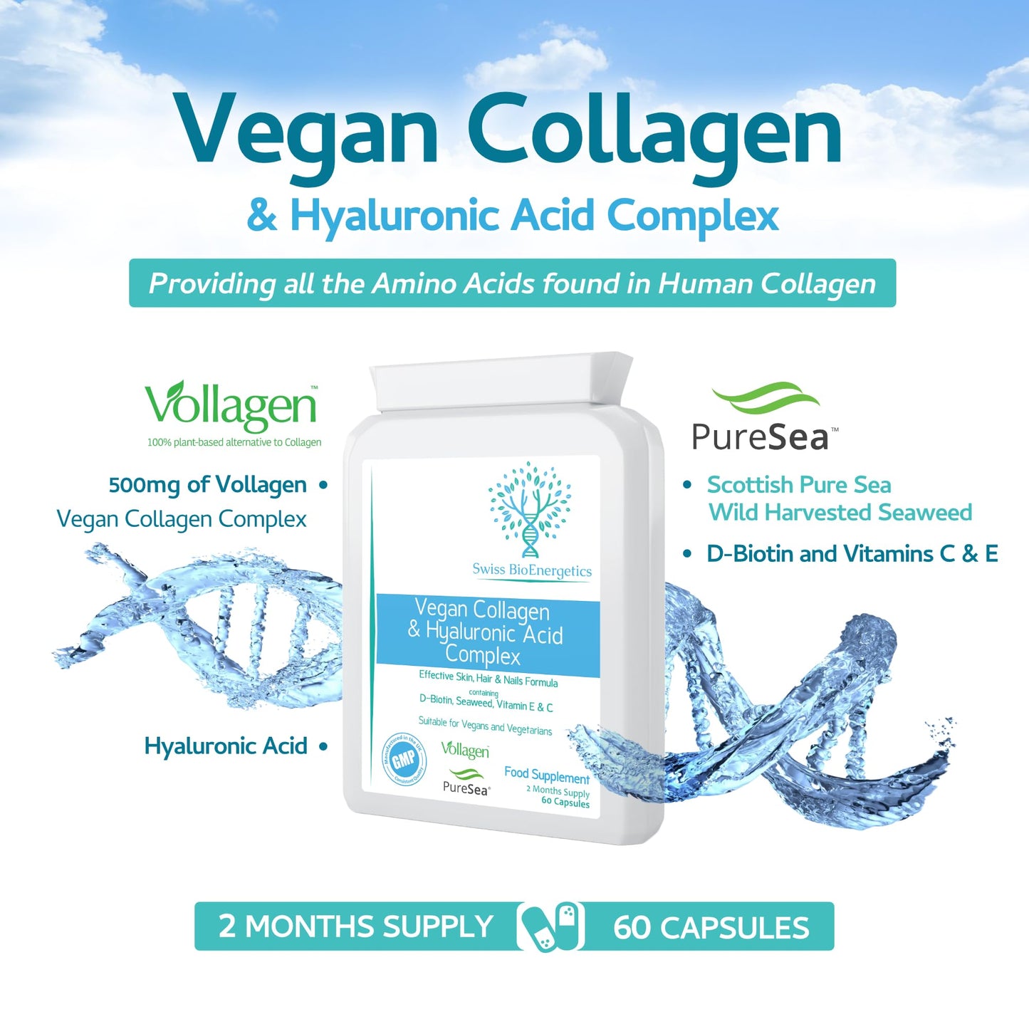 Vegan Collagen & Hyaluronic Acid Complex - 60 Capsules - Effective Skin, Hair & Nails Formula with 500mg