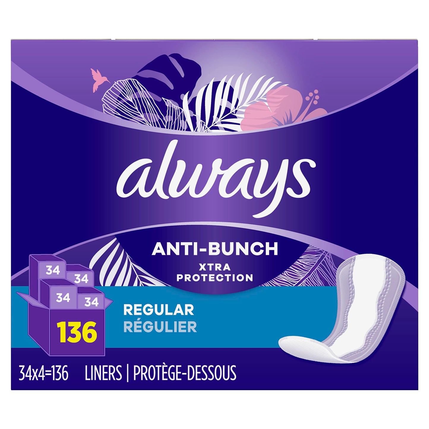 Always Anti-Bunch Xtra Protection Daily Liners, Regular Length, Unscented, 34 Count x 4