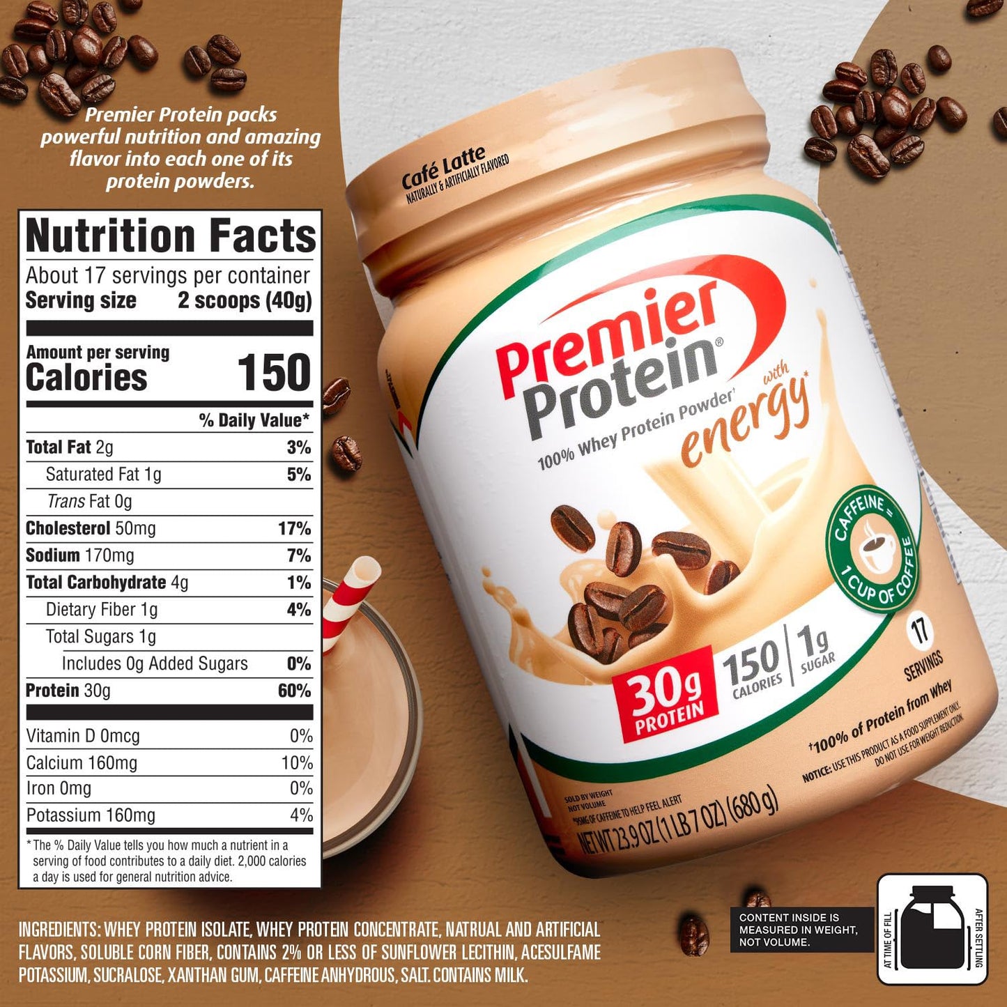 Premier Protein Powder, Cafe Latte , 30g Protein, 1g Sugar, 100% Whey Protein