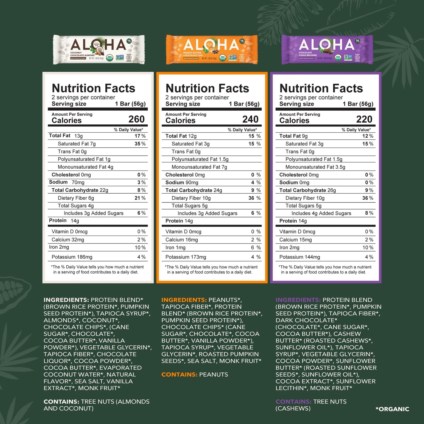 ALOHA Organic Plant Based Protein Bars - 6 Flavor Variety Pack - 12 Count, 1.9oz Bars