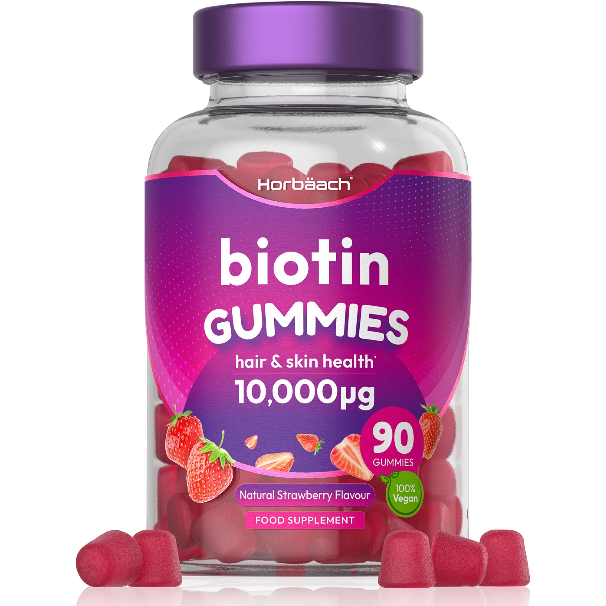 Biotin Gummies 10,000mcg | 90 Vegan Vitamins | Natural Strawberry Flavour 